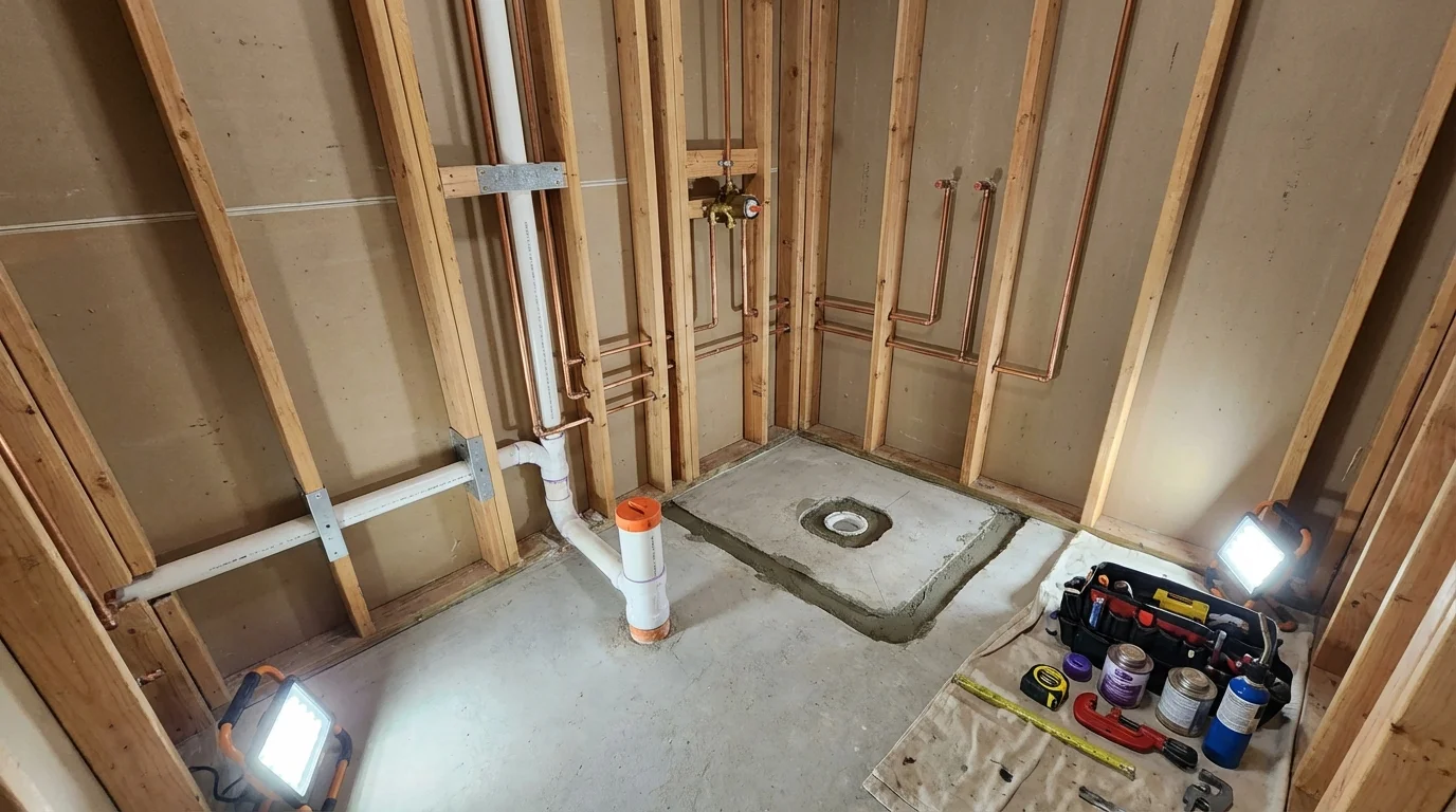 Bathroom rough-in plumbing during remodel by Johns Plumbing LLC in Centre