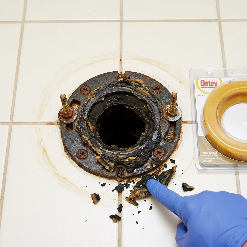 Failed wax ring showing water seepage at the base of a toilet in a Centre, AL home