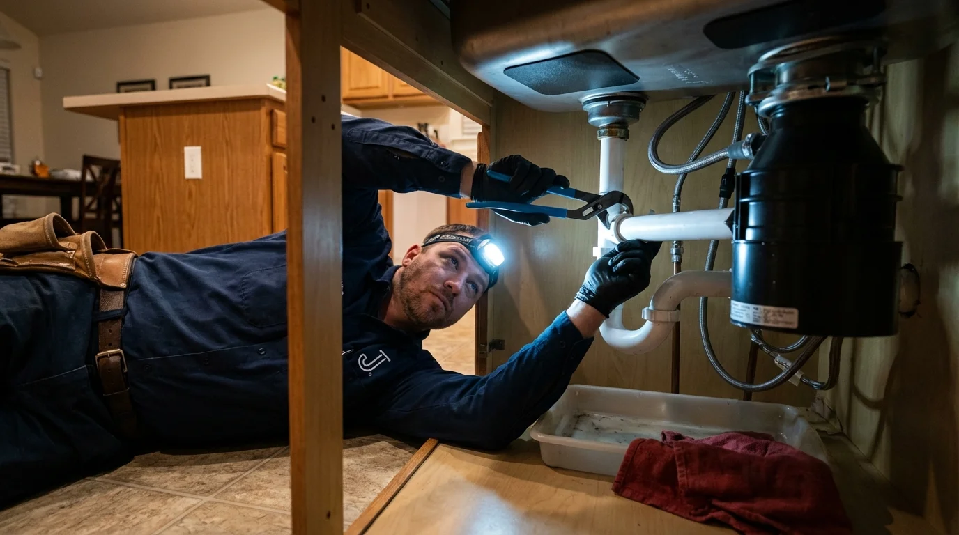 P-trap and supply line connections under a kitchen sink showing a common leak point in Centre, AL
